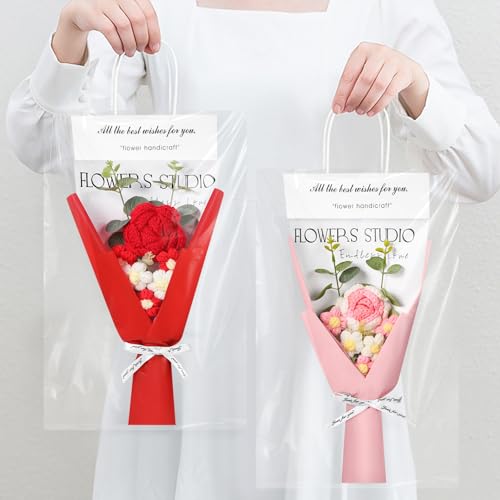 Hotop 2 Pcs Mother's Day Crochet Flowers Bouquet Handmade Knitted Bouquet Artificial Knitted Flowers with Exquisite Wrap for Graduation Wedding Birthday Gift (Pink,Red)