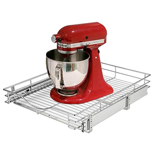 "DINDON 1 Tier Pull Out Cabinet Organizer (20"" W x 18"" D) Heavy-Duty Metal Sliding Drawer Shelf, Slide Out Wire Basket for Kitchen Cabinets, Pantry, Bathroom, Chrome Finish???"
