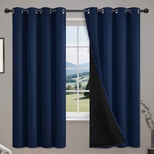 COSVIYA 100% Blackout Curtains for Bedroom with Black Liner, Full Light Blocking Thermal Insulated Grommet Window Treatment 96 Inches Length, Navy Blue, 2 Panels