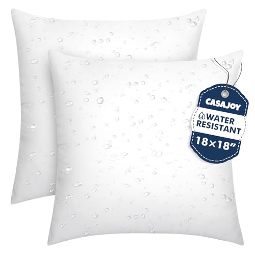 CASAJOY 2 Pack 18x18 Outdoor Pillows, Water Resistant Throw Pillow Inserts - Square Waterproof Pillows, Decorative Pillow for Patio & Couch, Fluffy & Supportive, Convenient Zipper Design