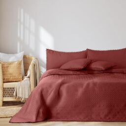 AmeliaHome Bedspread with Pompoms 200 x 220 cm Bedspread Double-Sided Ultrasonic Quilting Polyester Meadore Dusky Pink