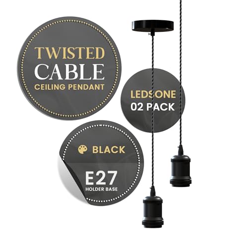 LEDSone Vintage E27 Pendant Light Fitting 2 Pack Black Metal Lamp Holder Adjustable 95cm Twisted Braided Cable Hanging Ceiling Light Kit Industrial Lighting