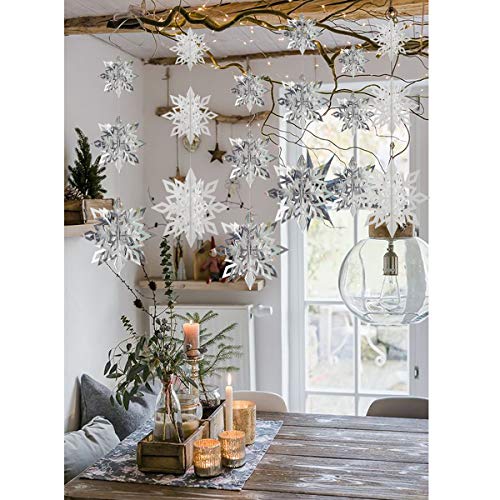 Crafare Winter Christmas Hanging Snowflake Decorations - 18PCS 3D Large Silver Snowflakes Hanging Garland for Christmas Winter Wonderland Holiday New Year Party Home Decoration
