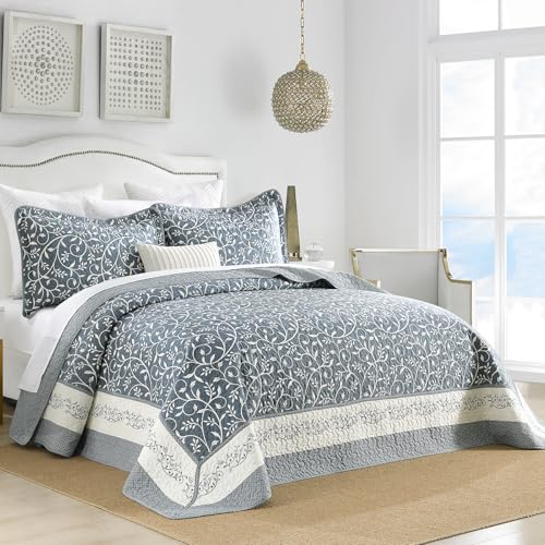 "SahSahCasa 100% Cotton 120""x120"" Oversized California King Bedspread Coverlet Quilt Set, Cal King Quilted Bedspread Extra Large Reversible XL Bed Spread Lightweight Comforter, Grayish Blue/White"