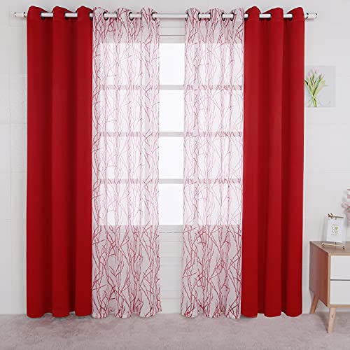Bonzer 4 Panels Set Mix and Match Curtains for Bedroom Living Room - 2 Pieces Branch Print Sheer Curtains & 2 Pieces Blackout Curtains Room Darkening Grommet Window Drapes, 37x95 Inch/Panel, Red