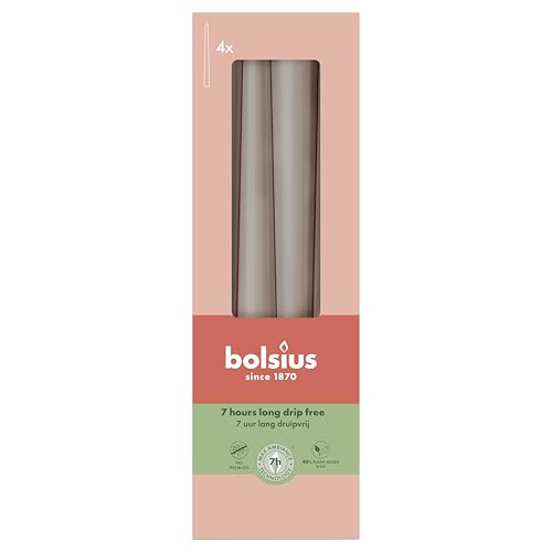 Bolsius Smooth Tapered Candles - Light Taupe - Set of 4 in Box - 9.4″ - Decorative Household Candles - Burning Time 7 Hours - Unscented - Natural Plant Wax - Without Palm Oil