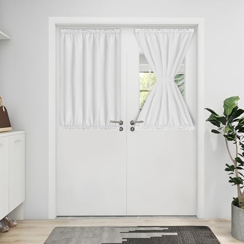 Easy-Going Blackout Door Curtains 1 Panel, 25x40 inch, White - Rod Pocket Privacy Light Filtering Sidelight Curtains French Door Curtains with Tieback
