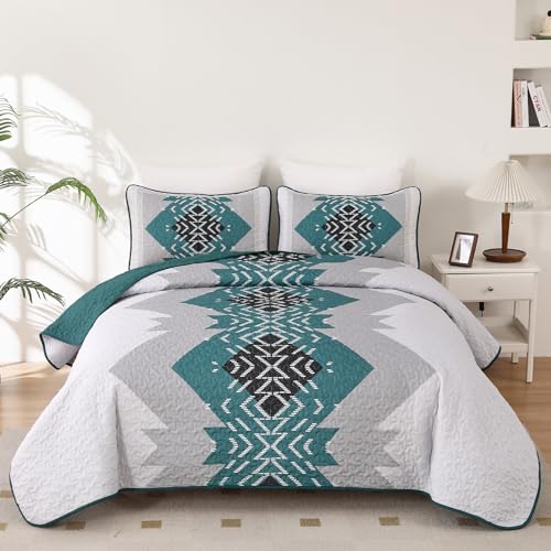 "Dintszyayue Teal Boho Quilt Set Queen 3 Pieces Turquoise Aztec Texture Bedspread Coverlet Set with 2 Pillowcases Soft Lightweight Microfiber Bohemian Quilt Bedding Set for All Season 90""x96"""