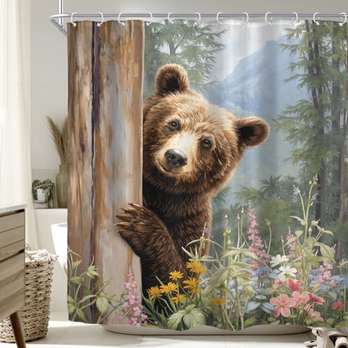 "Brown Bear Funny Wildlife Animal Rustic Wooden Bathroom Shower Curtain Set - 72""W x 72""H Floral Board waterproof HD print, quick-dry fabric with plastic hooks for easy hanging."