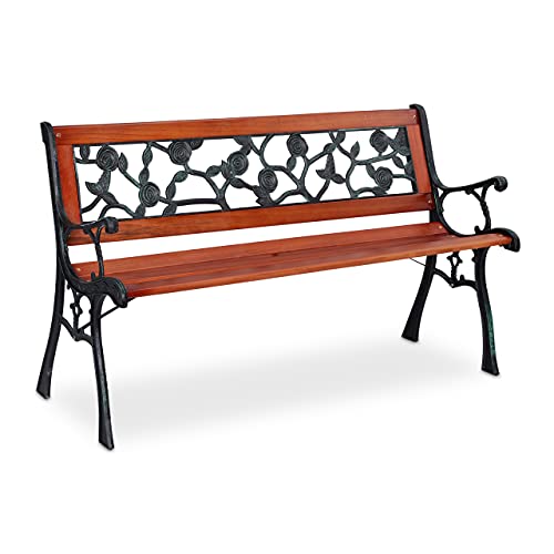Relaxdays Garden Bench with Rose Pattern, 2 Seater, Wood & Cast Iron, Balcony & Terrace, 73x125x52.5 cm, Natural/Green