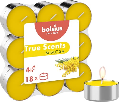 Bolsius - Set of 18 Scented Tealight Candles - Mimosa - Burn Time: 4 Hours - Home Decor - Natural Extracts - with Vegan Natural Wax