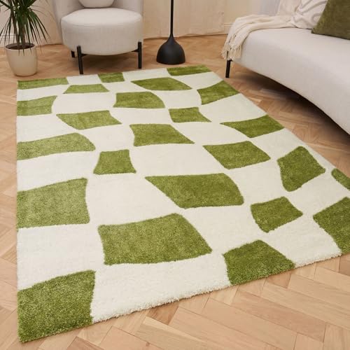 THE RUGS Joli Area Rug - Soft Dense Pile Modern Artistic Design, Durable & Easy Care Carpet for Living Room & Bedroom - Irregular Checkered Green & White, 200 x 290 cm