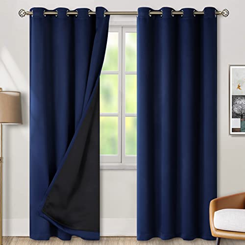 BGment Thermal Insulated 100% Blackout Curtains for Bedroom with Black Liner, Double Layer Full Room Darkening Noise Reducing Grommet Curtain (52 x 84 Inch, Navy Blue, 2 Panels)