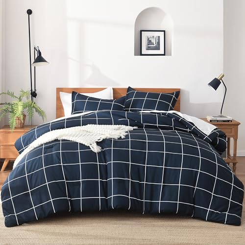 Andency Queen Comforter Sets Navy, Gingham Plaid Grid Checkered Bedding Set - 3 Pieces Lightweight Soft Bed Set for Teens Boys Girls Kids Teens, Geometric Reversible Preppy Bedding as Gift (90x90Inch)