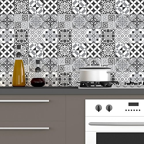 Ambiance Pack of 60 Tile Stickers- Self-adhesive decorative wall decal cement tile - Mosaic tile wall decal bathroom and kitchen - Cement Tile wall stickers - azulejos - 15 x 15 cm 60 pieces