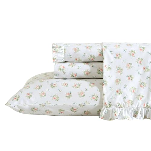 Laura Ashley - Twin Sheet Set, Breathable Percale Cotton Bedding, 200 Thread Count, Floral Home Decor (Roseford Orange, Twin)