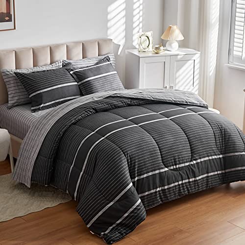 Flysheep Ombre Boho Striped Bedding Bed in a Bag 7 Pieces King Size, White Striped on Black Dark Gray Comforter Sheet Set (1 Comforter, 1 Flat Sheet, 1 Fitted Sheet, 2 Pillow Shams, 2 Pillowcases)