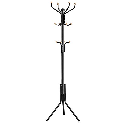 SONGMICS Coat Rack Stand, Coat Tree, Metal Hall Tree, Free Standing, 49 x 182 cm, 12 Hooks, for Clothes, Hats, Bags, Black RCR19B
