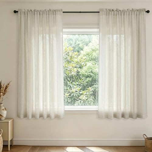 Natural 36x48 Inch Length Rod Pocket Sheer Linen Blended Curtains