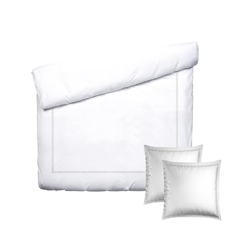 Pure Cotton 3-Piece Double Bed Linen – Duvet Cover 200 x 220 cm and 2 Pillowcases 80 x 80 cm – 100% Cotton Satin, 80 Thread Count, Oeko-TEX Certified – Satin Shine – Grey and White
