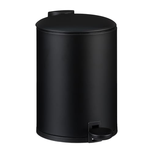 Relaxdays Bathroom Waste, 3L, Round, Soft-Close Cosmetics Trash Can, Matt Finish, Removable Inner Bin, Pedal, Black, Fibreboard, 15 x 40 x 23 cm