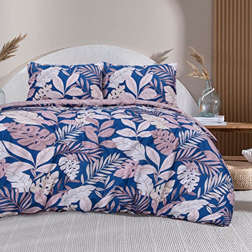 Sleepdown Tropical Palm Tree Floral Blush Pink Navy Reversible Soft Easy Care Duvet Cover Quilt Bedding Set with Pillowcase - Single (135cm x 200cm)