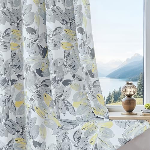 BROSHAN Leaf Patterned Blackout Curtains Yellow and Grey-Farmhouse Bedroom Curtains 84 inch Length 2 Panels Set Neutral Room Darkening Thermal Insulated Curtain Drapes for Living Room Sliding Door