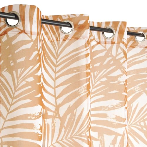 Atout Ciel Printed Net Curtain with Eyelets 140 x 240 cm Ready to Hang White and Caramel