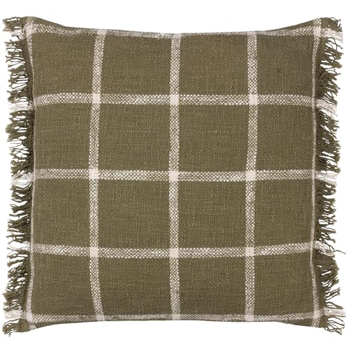 Yard furn Beni Polyester Filled Cushion – Woven Check Cotton with Double Fringed Trim (Moss/Natural – 45cm x 45cm)