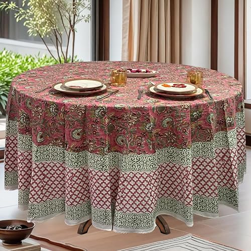Ridhi Coral Pink & Forest Green Hand Block Printed Cotton Round Tablecloth 110inch Decorative Dining Table Cover, Soft & Durable, Perfect for Thanksgiving and Festive Decor