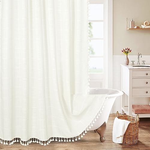 MitoVilla Boho Ivory White Shower Curtain 72x78 Inches Farmhouse Cotton Linen Tassel Set for Bathroom Decor French Country Chic Romantic Country Style Cream White