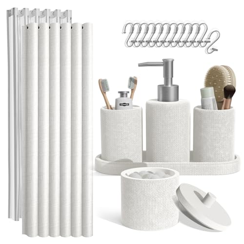 Clara Clark White Modern Bathroom Accessory Set, 19PC - Soap Dispenser, Toothbrush Holder, Shower Curtain Set