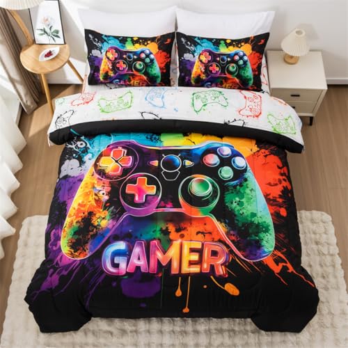 NTBED Game Console Comforter Set for Boys Girls Kids Tie Dye Gaming Lightweight Microfiber Gamer Bedding Sets (Multi, Full)