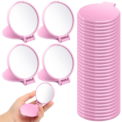 Saysurey 24 Pieces Mini Compact Mirror Bulk Round Portable Makeup Folding Pocket Travel Mirror for Homeless, 2.8 x 2.4 Inch(Pink)