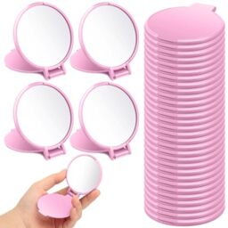 Saysurey 24 Pieces Mini Compact Mirror Bulk Round Portable Makeup Folding Pocket Travel Mirror for Homeless, 2.8 x 2.4 Inch(Pink)
