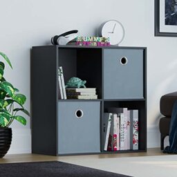 Vida Designs Durham Cube Bookcase Storage Organiser Living Room Bookshelf Home Office Furniture (4 Cube & 2 Grey Baskets, Black)