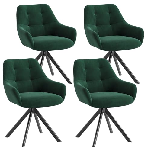 Swivel Dining Chairs Set of 4, 360° Velvet Dining Room Chairs with Arms, Upholstered Kitchen Chairs with Metal Legs, Modern Accent Chairs for Dining Room, Living Room, Bedroom, Home Office, Green