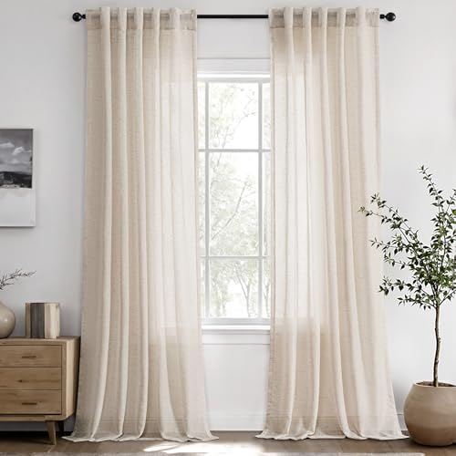 ANRODUO Beige Linen Curtains 96 Inch Long 2 Panels for Bedroom Living Room Soft Linen Textured Window Drapes Semi Sheer Light Filtering Rod Pocket Back Tab Neutral Farmhouse Country 37x96