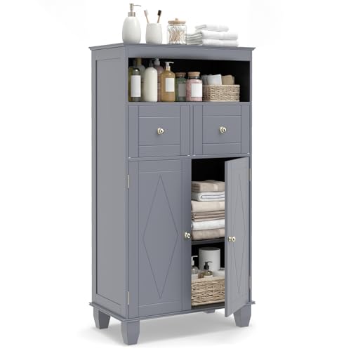 RELAX4LIFE Floor Bathroom Cabinet, 108 x 56cm High Freestanding Storage Cupboard with Double Doors, Adjustable Shelf and 2 Drawers, Wooden Floor Cabinet Storage Unit Furniture (Grey)
