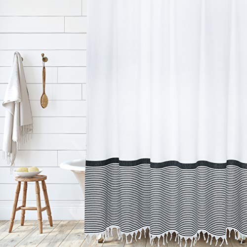 "HALL & PERRY Modern Farmhouse Tassel Shower Curtain 100% Cotton Striped Fabric Shower Curtain with Tassels for Bathroom Décor (Black, 72""x72"")"