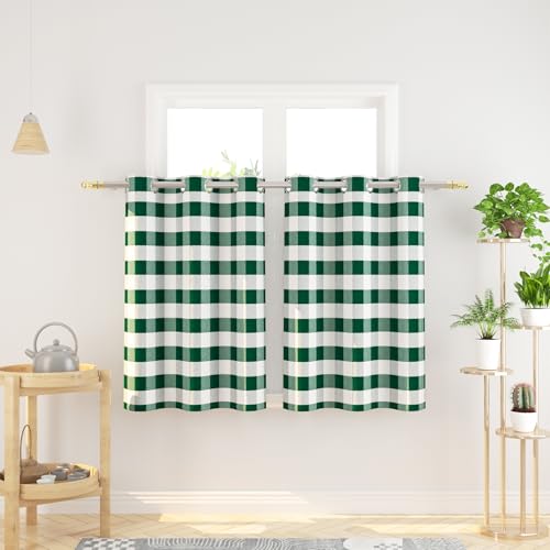 Natus Weaver Tier Curtains 36 inches Long Buffalo Check Gingham Plaid Kitchen Window Curtain Panels Small Short Bathroom Grommet Top Window Treatment 2 Panels Dark Green and White