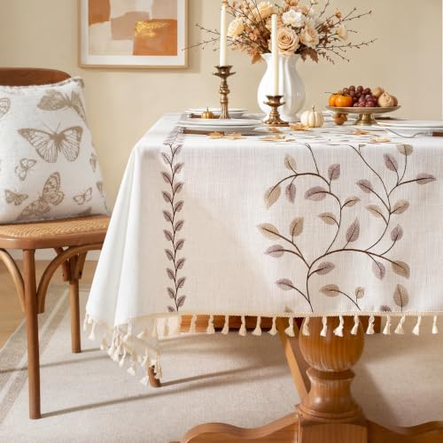 Laolitou Table Cloth Rectangle, Embroidery Heavy Duty Cotton Linen Tablecloth, Farmhouse Rustic Waterproof Wrinkle Free Tablecloths with Tassels, Coffee Vine, 55??120 Inch
