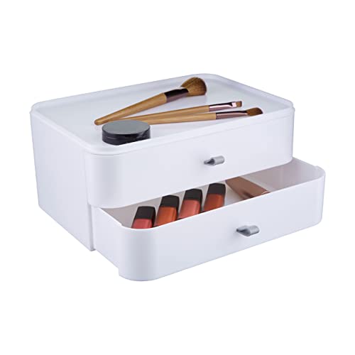 Premier Housewares White Cosmetics Organizer/Makeup Storage Box With 2 Pull Out Drawers/Stylish Plastic Makeup Organizer W26 x D19 x H12cm/ Compartment Box