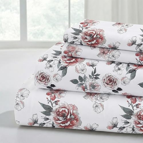 Modern Threads Soft Microfiber Printed Sheets - Luxurious Microfiber Bed Sheets - Includes Flat Sheet, Fitted Sheet with Deep Pockets, & Pillowcases Rose Bloom Full