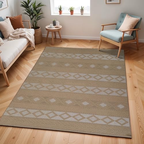 Livabliss Caria Machine Washable Rug - Geometric Jute Area Rugs Living Room, Large Rug 198x275 cm - Traditional Boho Style, Dining Room, Kitchen, Outdoor, Hallway - Tan, Beige and Cream