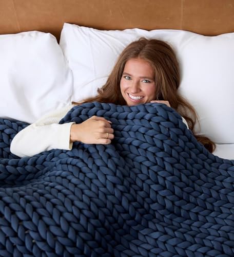 "Nuzzie Chunky Knit Weighted Blanket - Breathable, Cooling, Hand Made Knit Throw Blanket for Sleep - Machine Washable, Stylish Design (Dusty Blue, Queen - 22lbs - 60""x80"")"