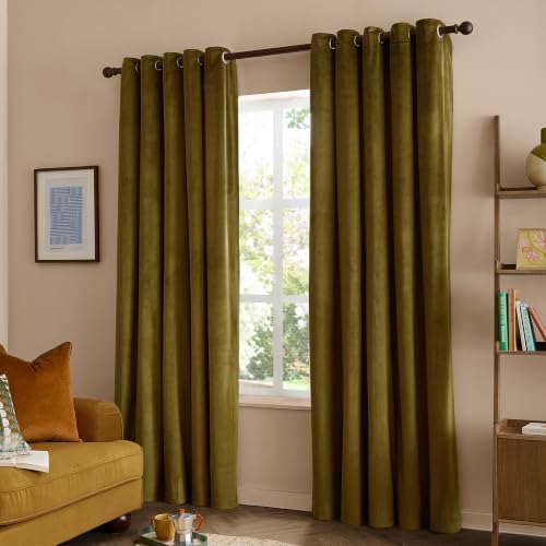 furn. The Ultimate Velvet Blackout Eyelet Curtain Pair (Olive - 168x137cm)