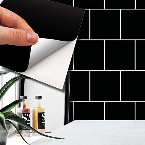 "WALPLUS 15cm(6"")@120pcs Colour Block Tile Sticker Royal Black Wall Tile Sticker Tile Paint Stick on Tiles Peel and Stick Self Adhesive Wall Tiles Stickers for Kitchen Bathroom Tile Transfer Backsplash"