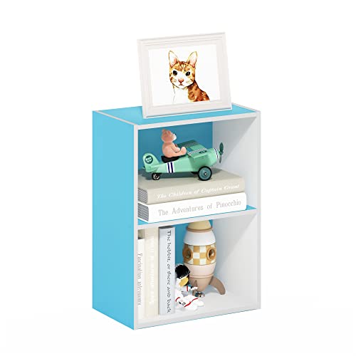 Furinno LUDER Book Shelf, 2-Tier Modern Bookshelf, Open Shelves Bookcase 9 x 16 x 21, for Living Room, Bedroom, Home Office, Light Blue/White