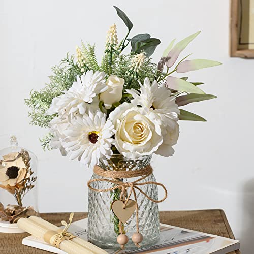 COZZI CODI Artificial White Flowers with Vase, Fake Flowers Arrangement for Home Decor, Faux Flowers for Farmhouse Coffee Table Decor, House Kitchen Centerpiece Table Decorations